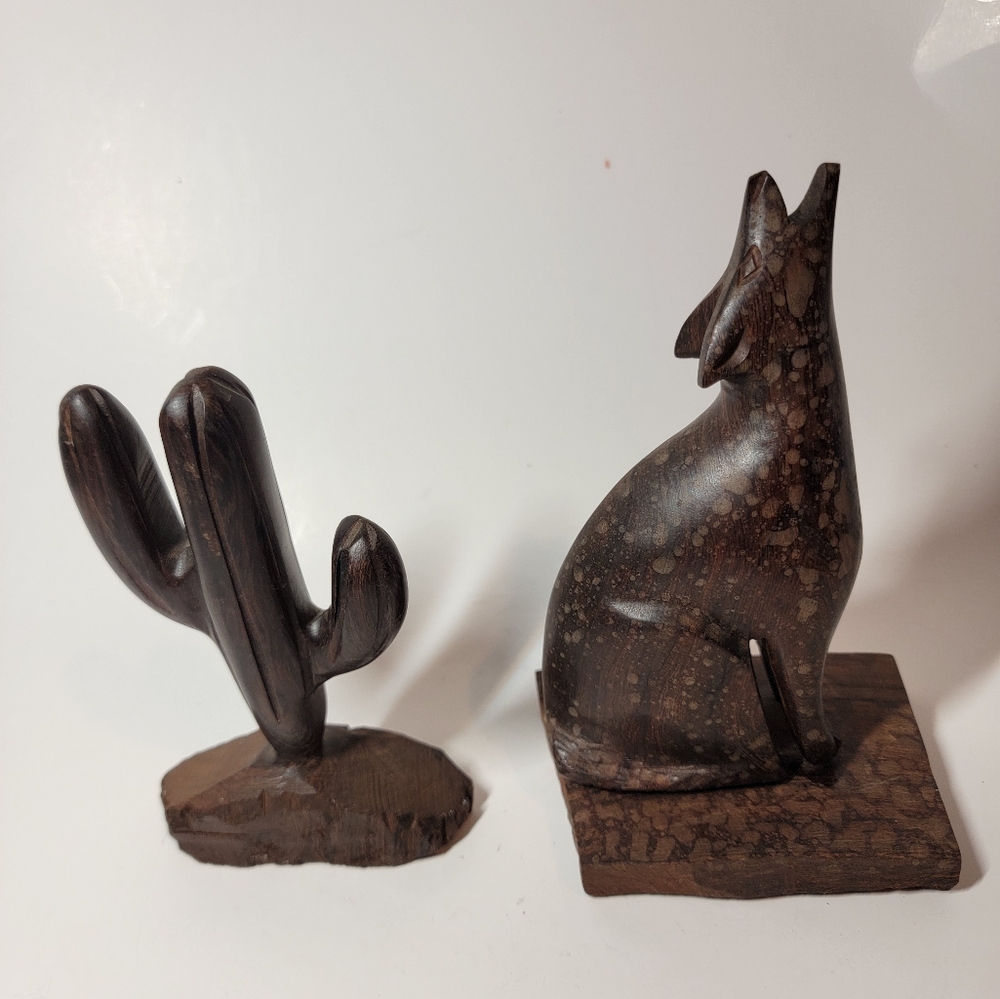 Vintage Ironwood Carved Saguaro Wooden Coyote and Cactus Sculpture Set (2) - Picture 4 of 5